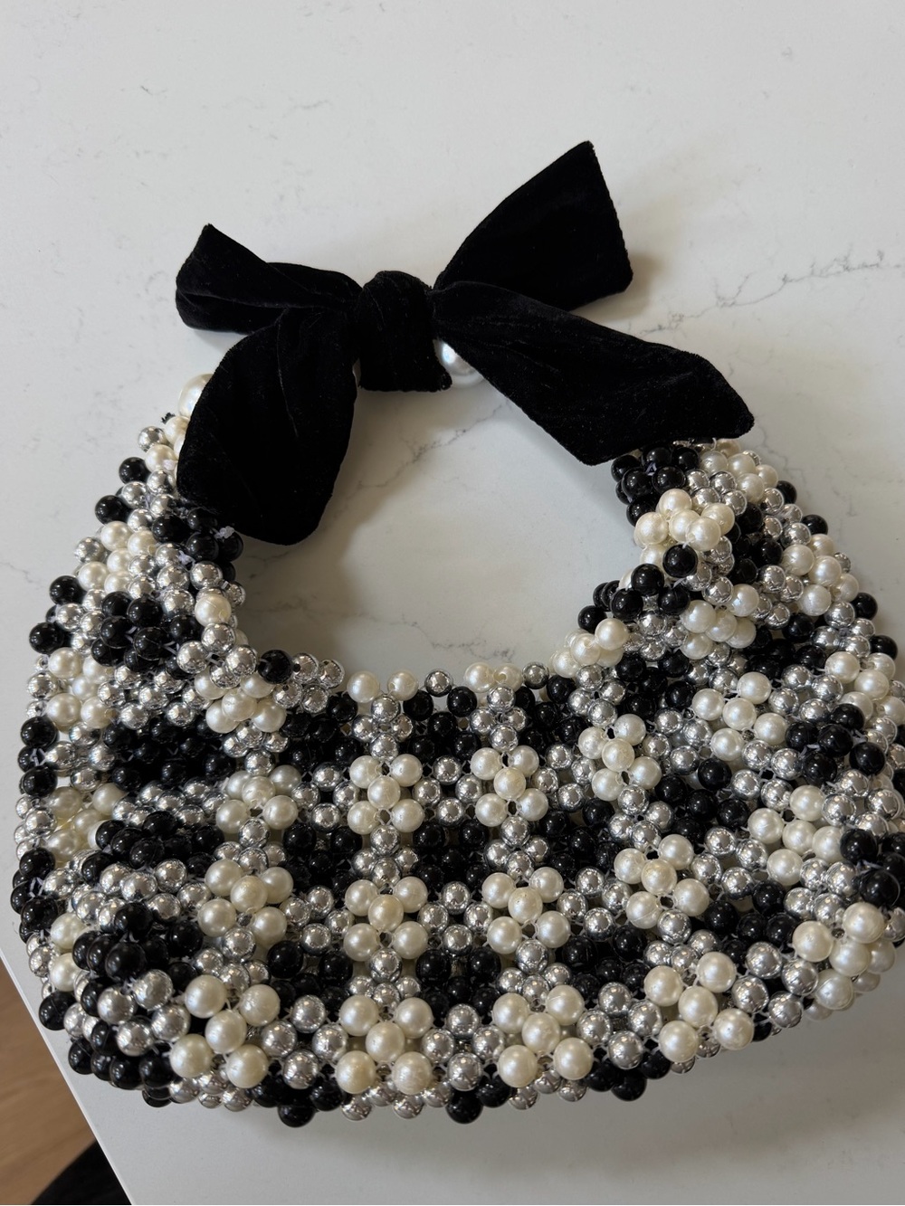 Black & Pearl Beaded Bow Handle Handbag